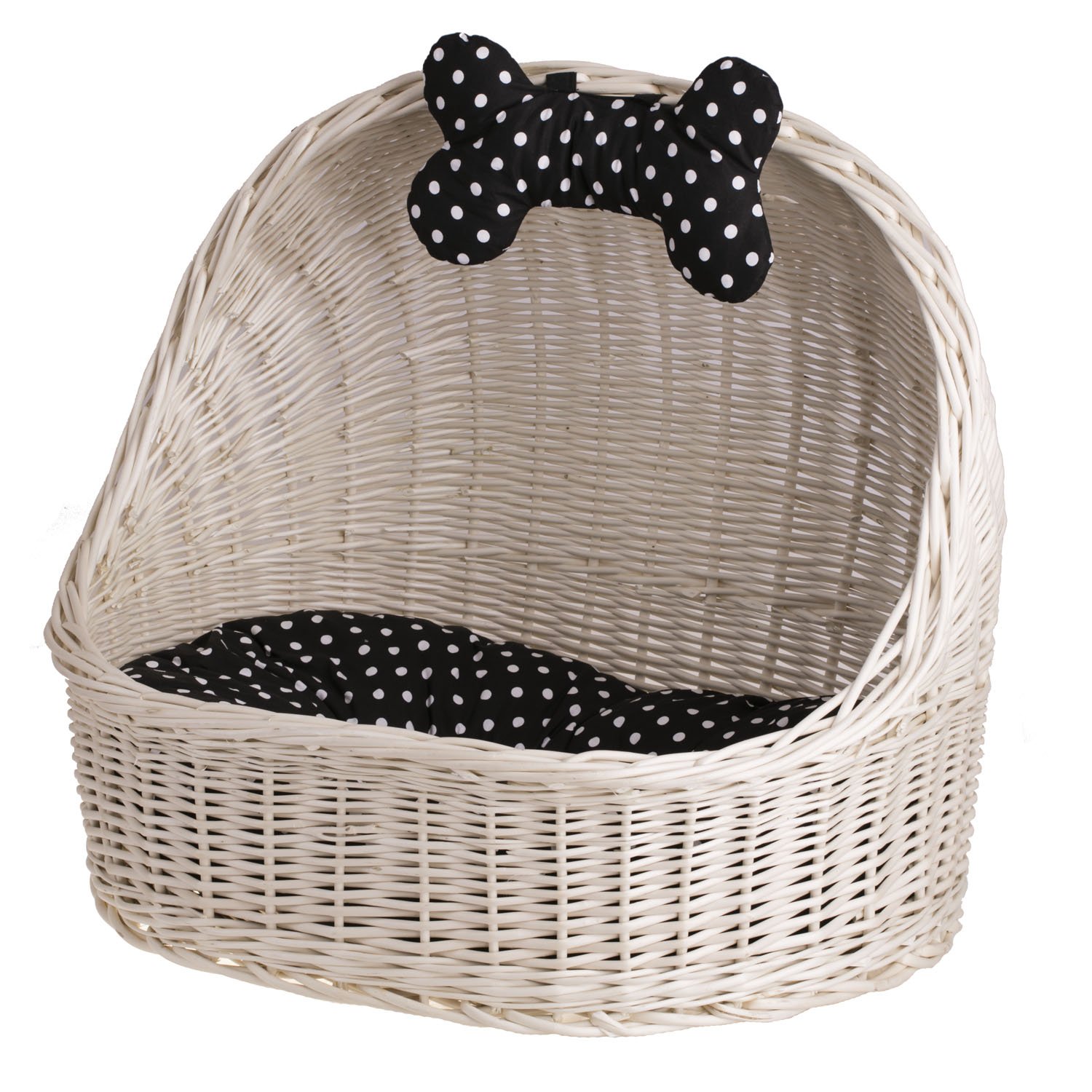 e-wicker24 Wicker Pet Bed Raised Dog Beds with Soft Pillow Pet Cave Puppy Bed Wicker Dog Basket Luxury Dog Sofa Pet Bed Cosy Bed for Dog Natural Woven Dog Beds White (60x46 H48 cm)