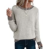 Sidefeel Women's Long Sleeve Pullover Sweaters Casual Crewneck Chunky Knit Color Block Jumper Tops