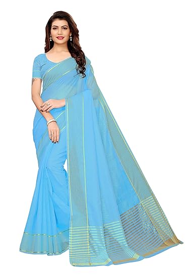 Art Cotton Silk Sky Blue Saree with Blouse Piece (Club-Sky IND Blue_Free Size)
