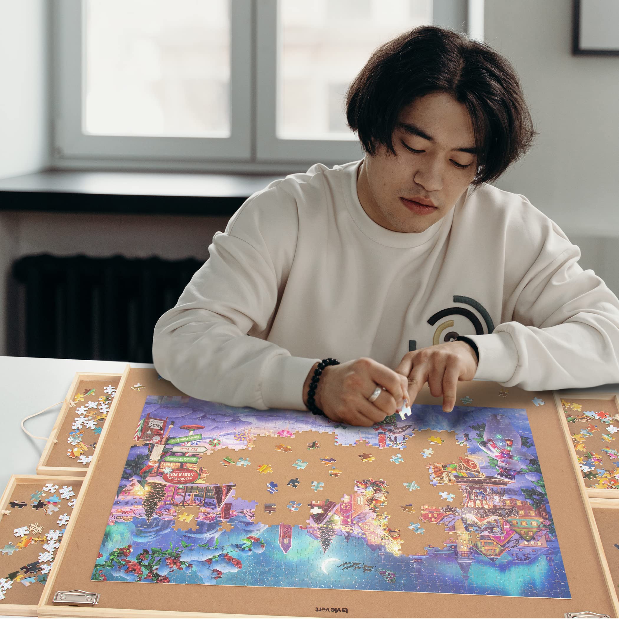 Lavievert 1500 Pieces Jigsaw Puzzle Table with 4 Drawers, Wooden Puzzle Plateau with Puzzle Mat Set and Smooth Surface, Portable Puzzle Board for Adults and Kids