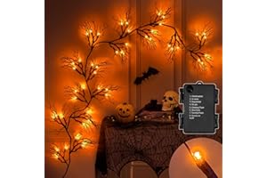 LEASEN [8 Modes & Timer] 6 Ft 45 LED Halloween Willow Vine Twig Garland Decorations with Orange Lights, Halloween Garland with Battery Operated Waterproof for Home Indoor Wall Fireplace Mantle Decor