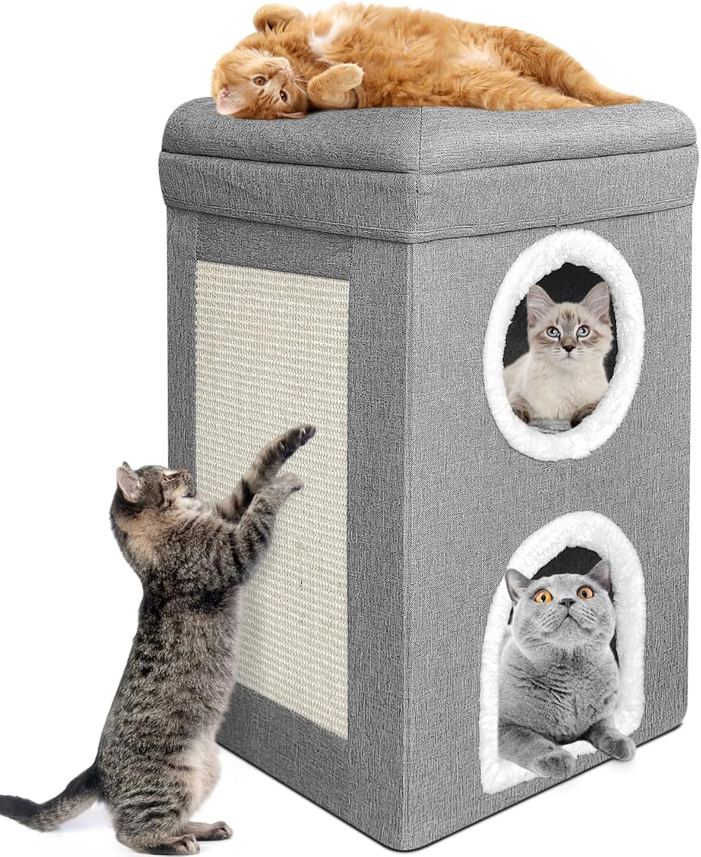 Hibtn Cat House Cave 3 Story Foldable Indoor Cat Condo with Cushions