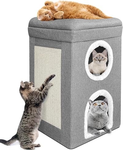 Hibtn Cat House Cave 3 Story Foldable Indoor Cat Condo with Cushions