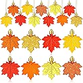 JULMELON 24 Pcs Fall Thanksgiving Maple Leaf Ornaments Tree Decorations Fall Autumn Mini Maple Hanging Ornaments with Rope Glitter Maple Pendant for Farmhouse Rustic Party Favors Supplies