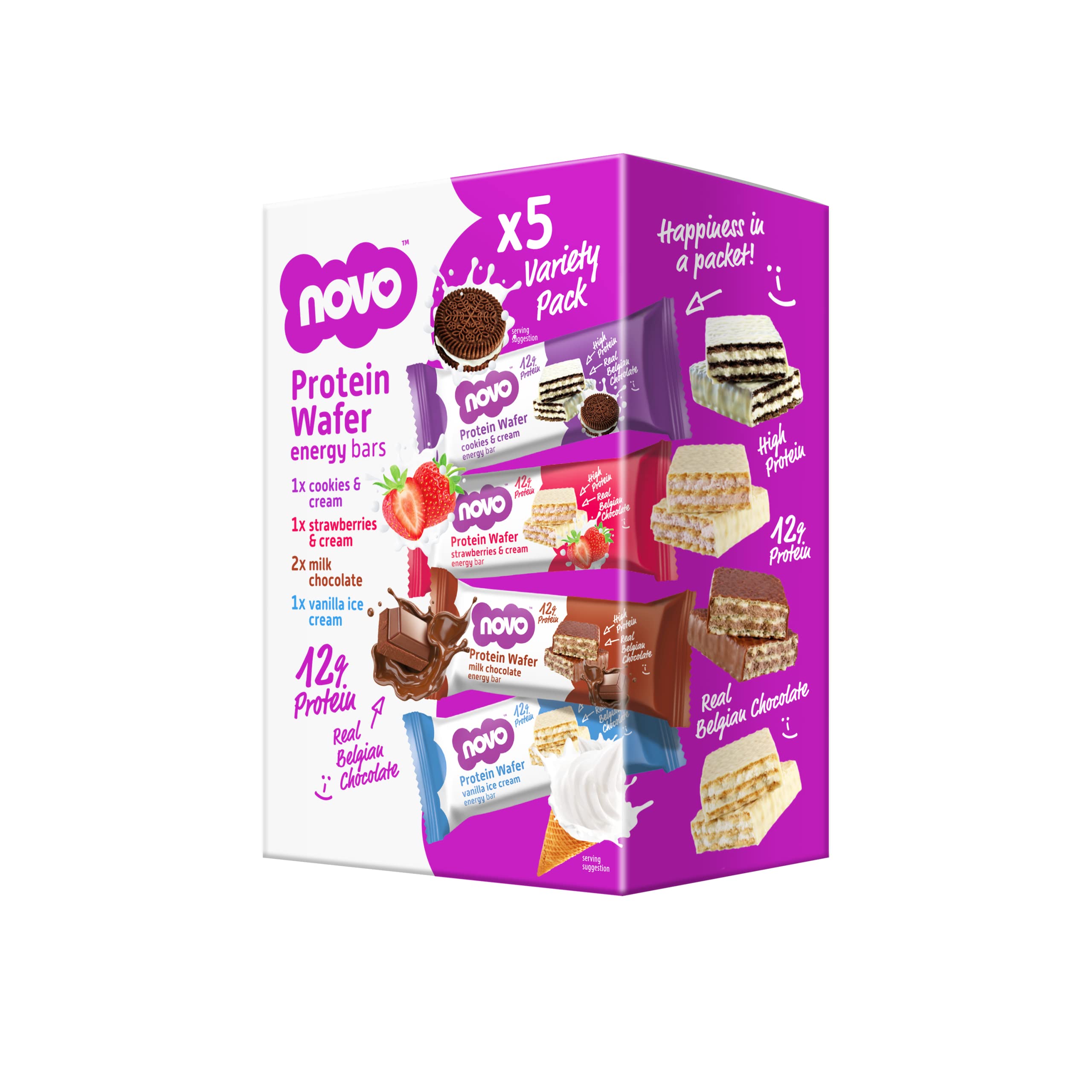 Novo Nutrition | Protein Wafer Bar | Pack of 5 | Variety Pack | Healthy Crispy Wafer Snack with High Protein and Real Belgian White Chocolate | Suitable for Vegetarians