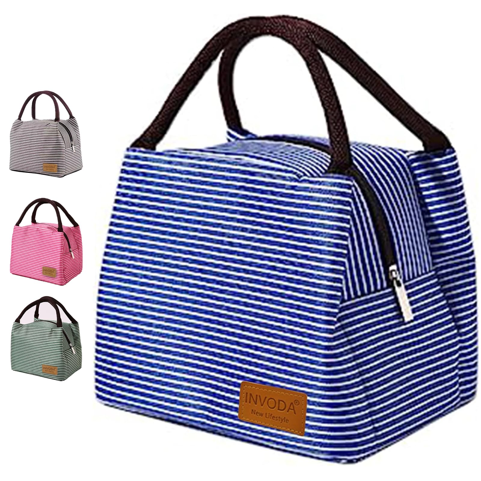 INVODA Lunch Bag Cool Bag for Lunch Box Lunch Organizer Striated Waterproof Fabric Foldable Picnic Handbag for Women, Adults, Students(Blue)