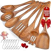 Wooden Spoons for Cooking, 7 Piece Natural Teak Wooden Kitchen Utensil Set, Wooden Utensils for Cooking with Long & Comfort Grip, Cooking Utensils Set Perfect for Non-Stick Cookware