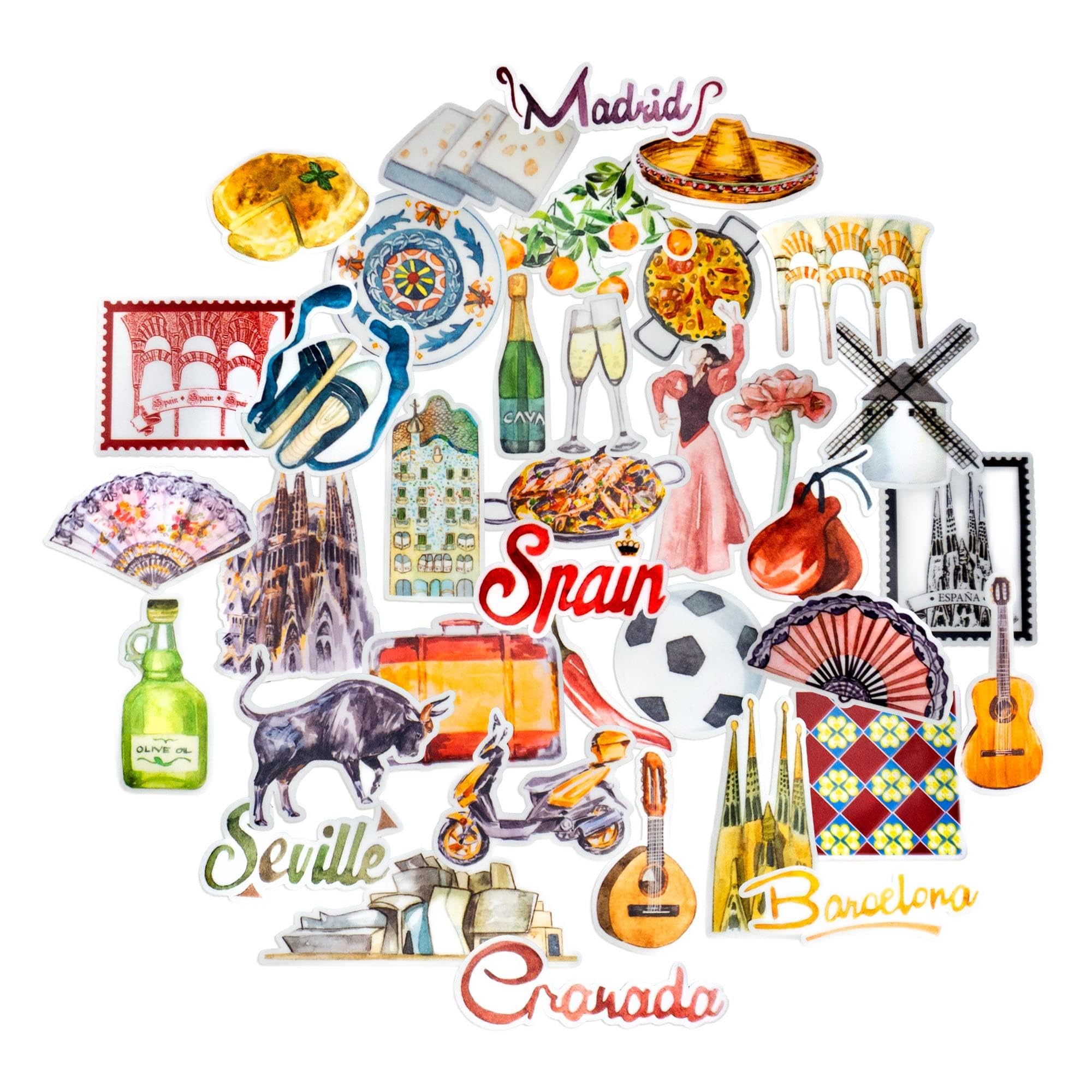 Navy Peony Sophisticated Spain Travel Stickers (36pcs) – for Scrapbooks, Journals