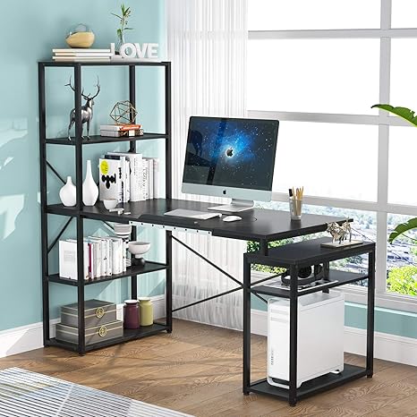 Amazon Com Tribesigns Computer Desk With 5 Tier Storage Shelves 64 Inches Corner Office Desk Workstation Drafting Drawing Table With Tiltable Tabletop For Home Office Black Kitchen Dining