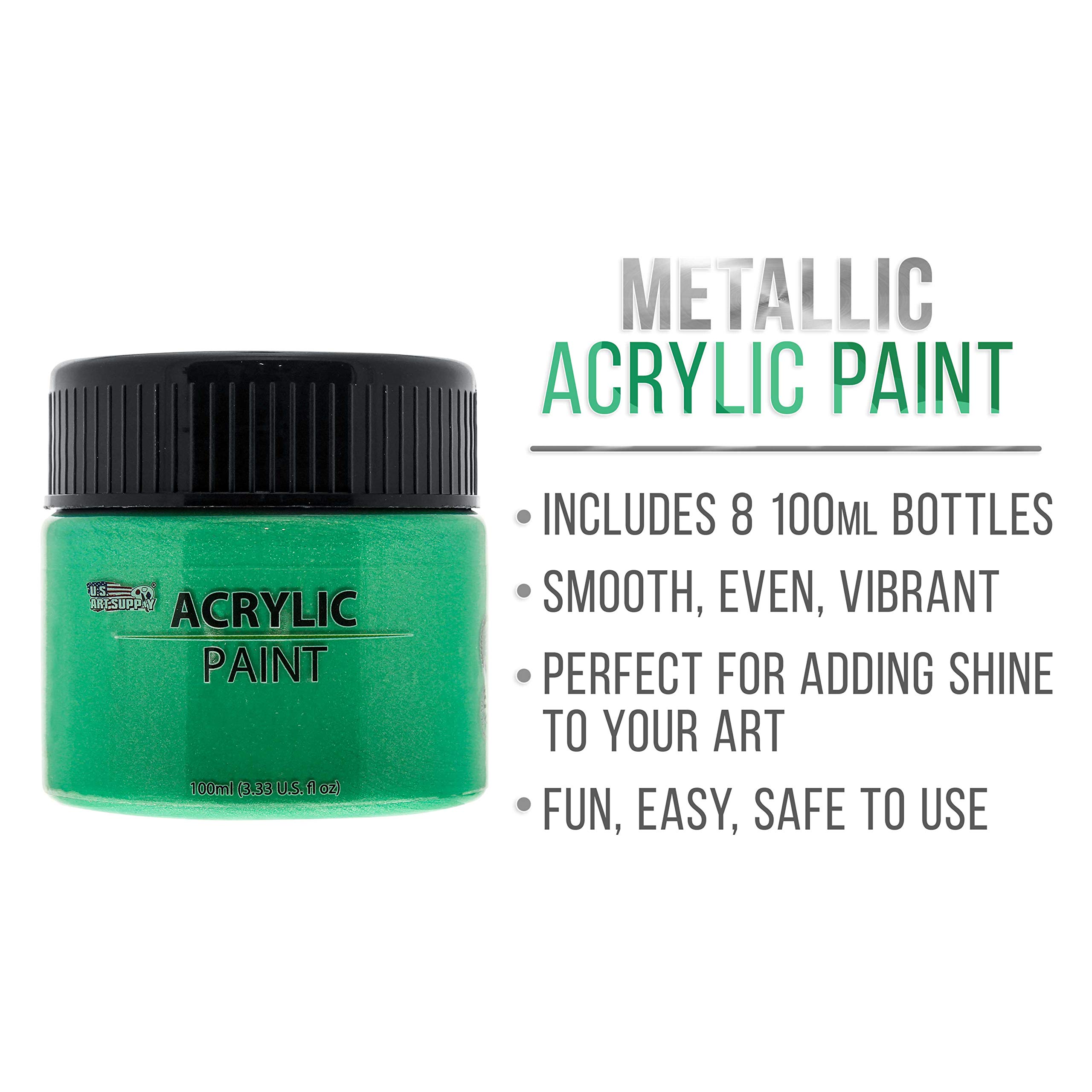 U.S. Art Supply 8 Color Metallic Acrylic Paint Jar Set 100ml Bottles (3.33 fl oz) - Professional Artist Bright and Vivid Pearlescent Metallic Colors great for Acrylic Pouring shimmer effects