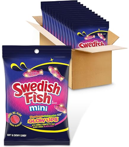 SWEDISH FISH Mini Glow Ups Strawberry-Watermelon Soft & Chewy Gummy Candy, Bulk Candy, 12