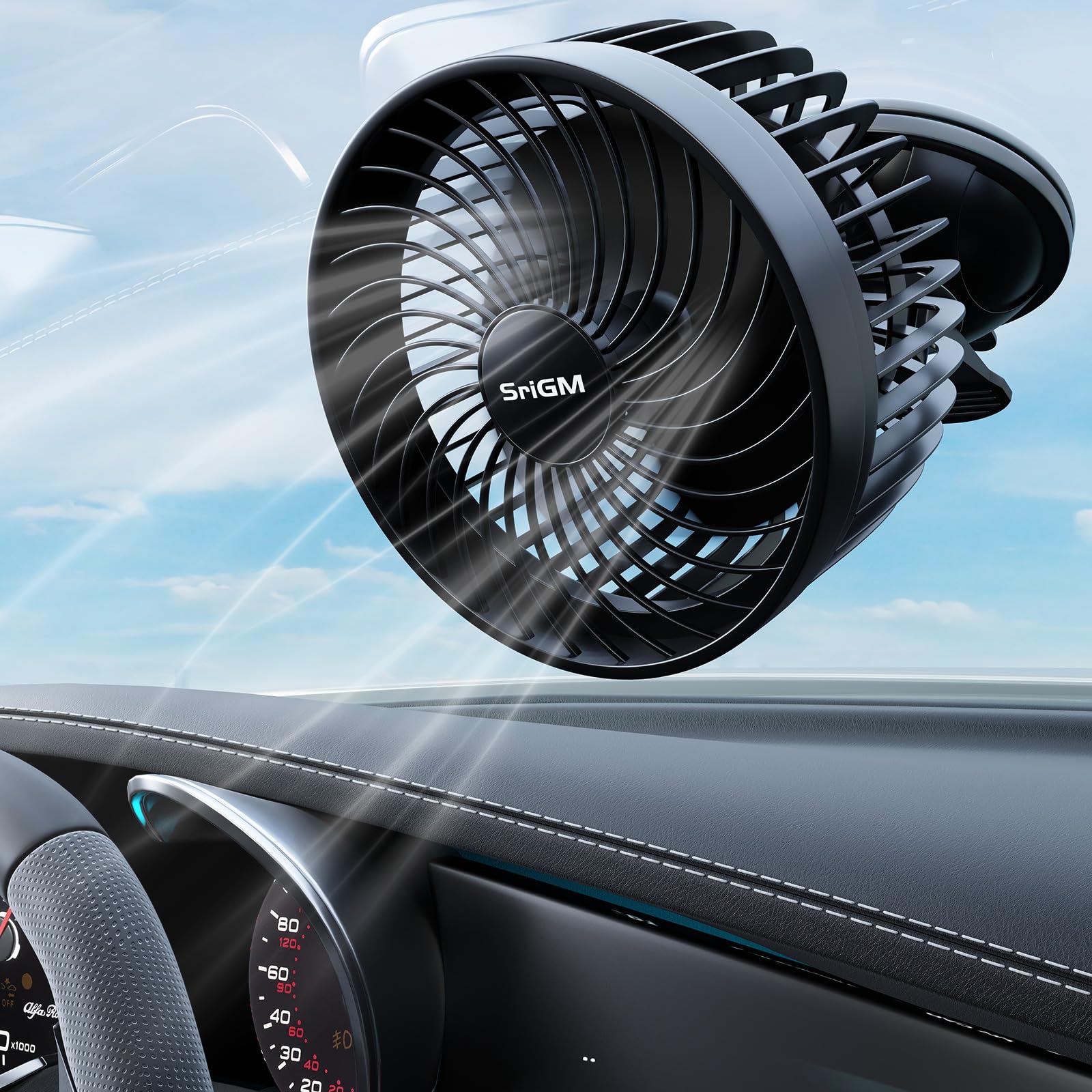 Photo 1 of SriGM 12V Car Cooling Fan with Car Power Outlet - 360° Adjustable Head & Super Strong Suction Cup Powerful 12 Volt Vehicle 4.5" Universal for Trucks/SUV/RV (Black 4.5" Fan)