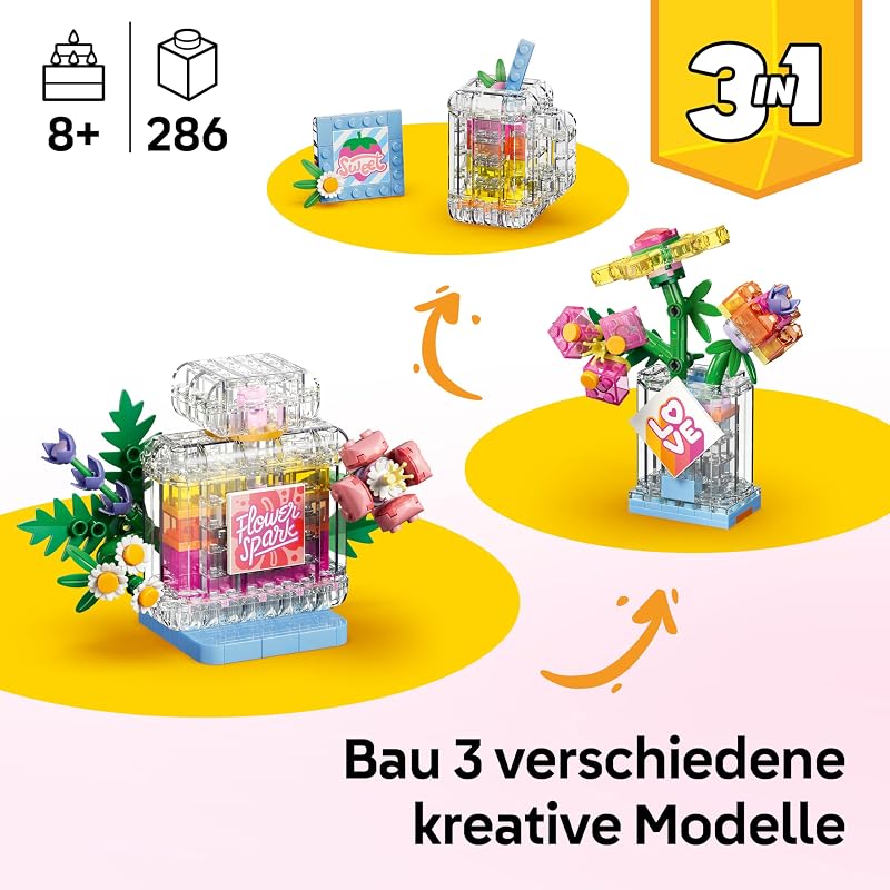 Creator 3-in-1-Set Parfümflasche mit Blumendeko - Bauspielzeug mit 3 Bauoptionen: Parfümflasche, Blumenvase oder Smoothie - Geschenkidee für Kinder ab 8 Jahren - 31383