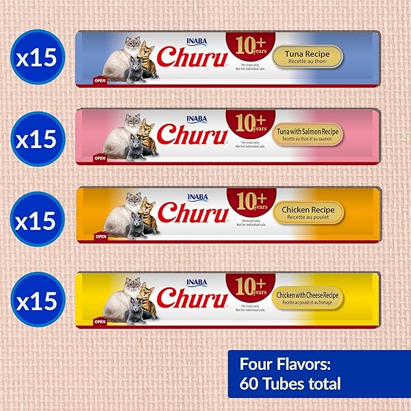 INABA CHURU FOR SENIOR 10+, CREAMY LICKABLE CAT TREATS WITH TAURINE, VITAMIN E & C, 0.5 OUNCES EACH, 60 TUBES, TUNA & CHICKEN VARIETY