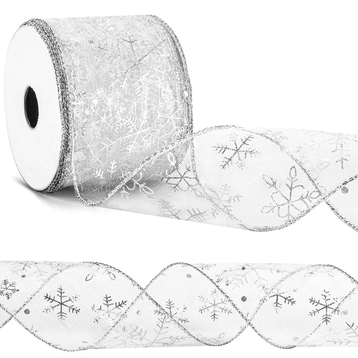 OWill Christmas Tree Ribbon,Glitter Snowflake Organza Wired, Silver Ribbon for Christmas Tree Wrapping Gift DIY Crafting(2.5 Inch X 10 Yard)
