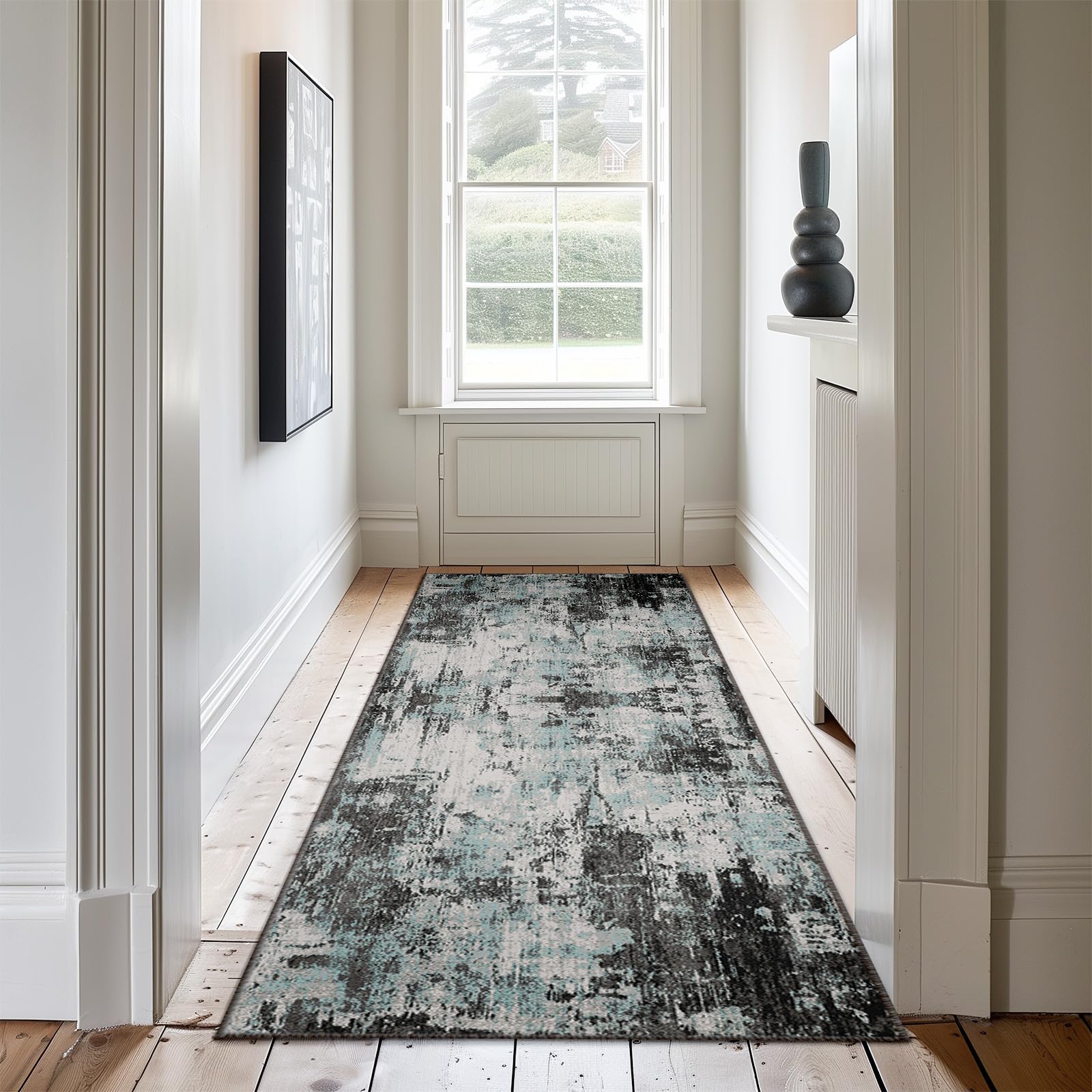 Photo 1 of RELEANY Washable Area Rugs 2'x8' Non-Slip Modern Abstract Soft for Living Room Entryway Bedroom, Print Pattern, Blue Black Teal