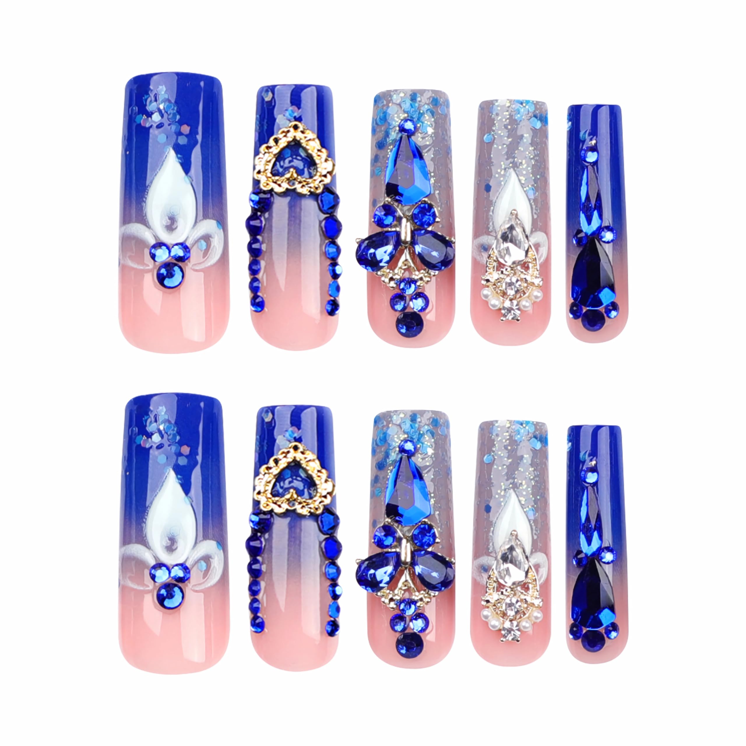 BABALAL Blue Press on Nails Long Square Fake Nails Luxury Glue on Nails 3d Butterfly Gold Heart Charm Design Acrylic Nails 24Pcs Bling Squoval Full Cover False Nails - Image 2