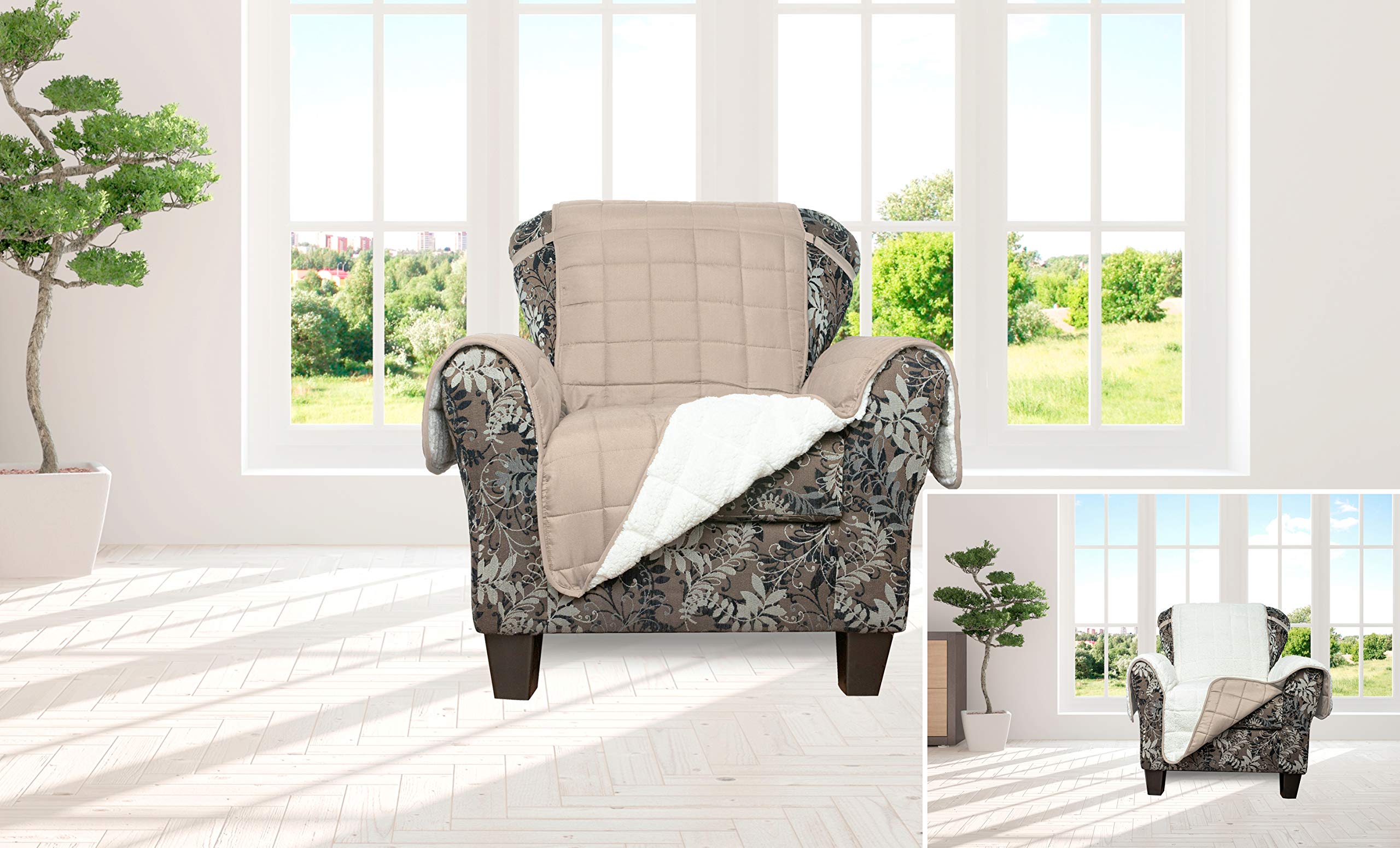 Quick Fit Jeremy Sherpa Reversible Waterproof Microfiber Chair Cover in Taupe, 65x70.5