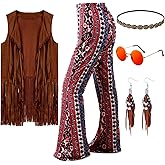 Leumoi 5 Pcs 60s 70s Costume for Women Disco Outfits Hippie Accessories Fringe Vest Boho Flared Pant for Mardi Gras Carnival
