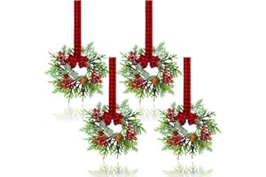 JUSTOTRY 4Pcs Small Christmas Wreath - Mini Wreaths with Red Berry Pine Eucalyptus Christmas Wreaths for Door Kitchen Cabinets Window Fireplaces Decor
