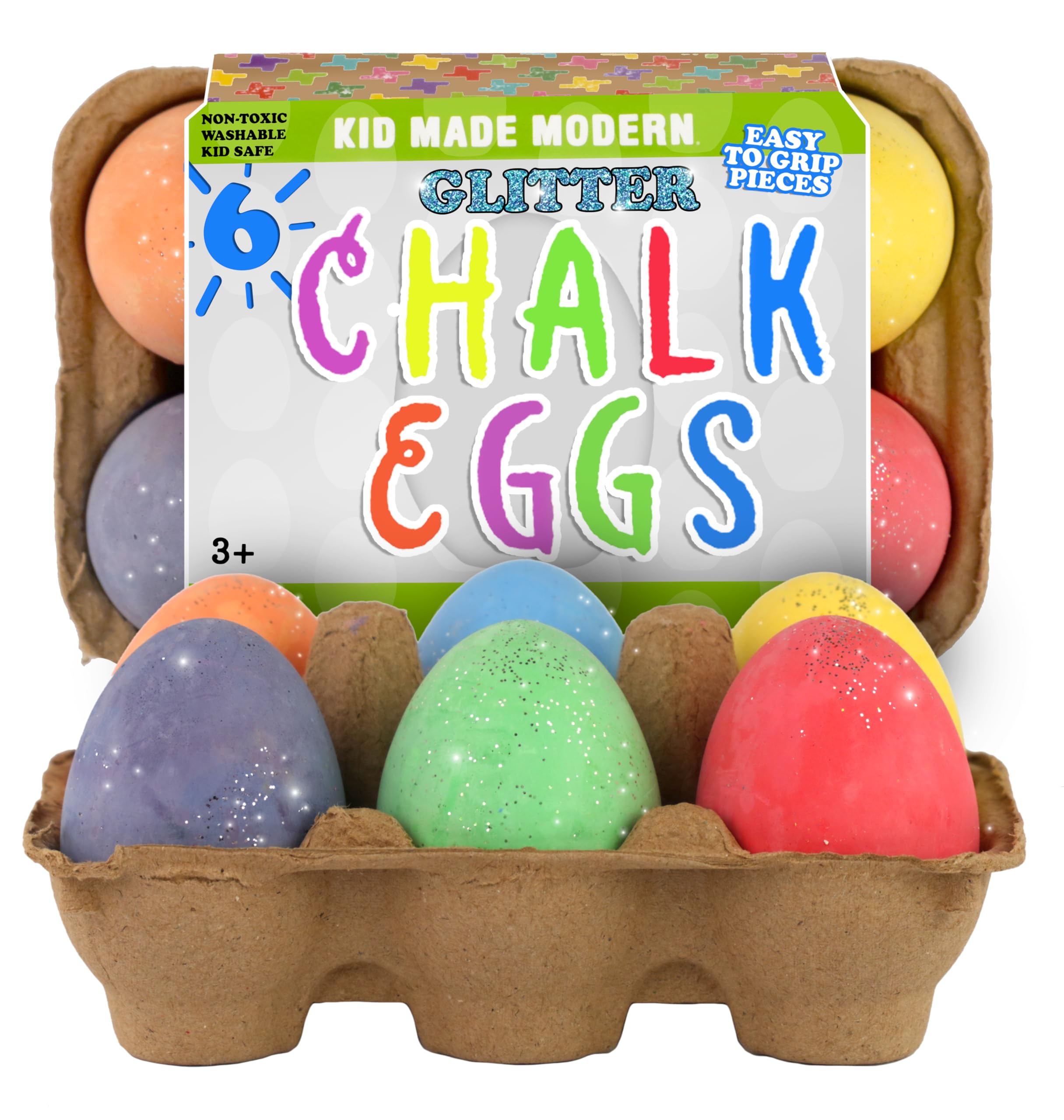 Kid Made Modern Glitter Easter Egg - Set of 6 Egg-Shaped Colored Chalks for Kids, Washable Outdoor Drawing Chalk for Easter Basket Stuffers, Spring Crafts & Egg Hunt Fun, Ages 3+ & Beyond