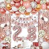 NANINUNENO 28th Rose Gold Birthday Party Decorations for Women, Rose Gold Happy Birthday Banner, Fringe Curtains, Heart Foil Balloons, Confetti Balloons, Cake Topper for 28th Birthday Decorations