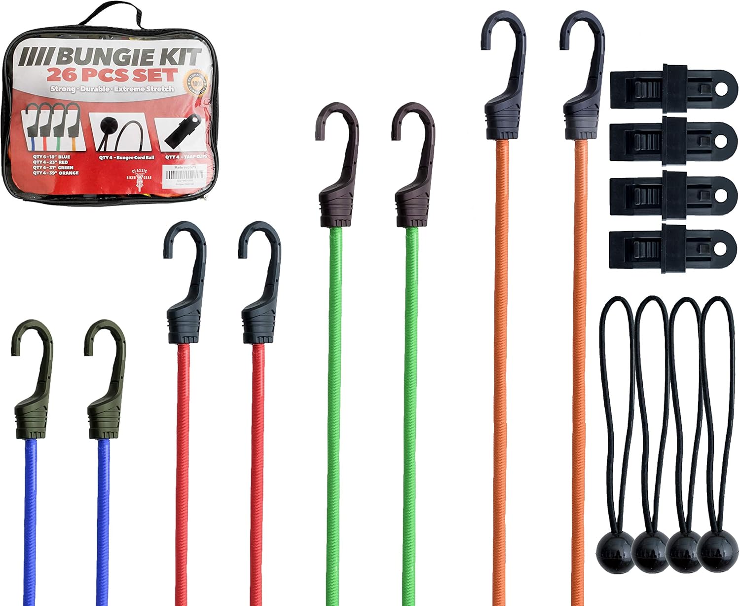 Classic Biker Gear Bungee Cords with Hooks 26pc Heavy Duty Assortment with Storage Case, Canopy Ties & Ball Bungees Bungie Cord Set: Automotive