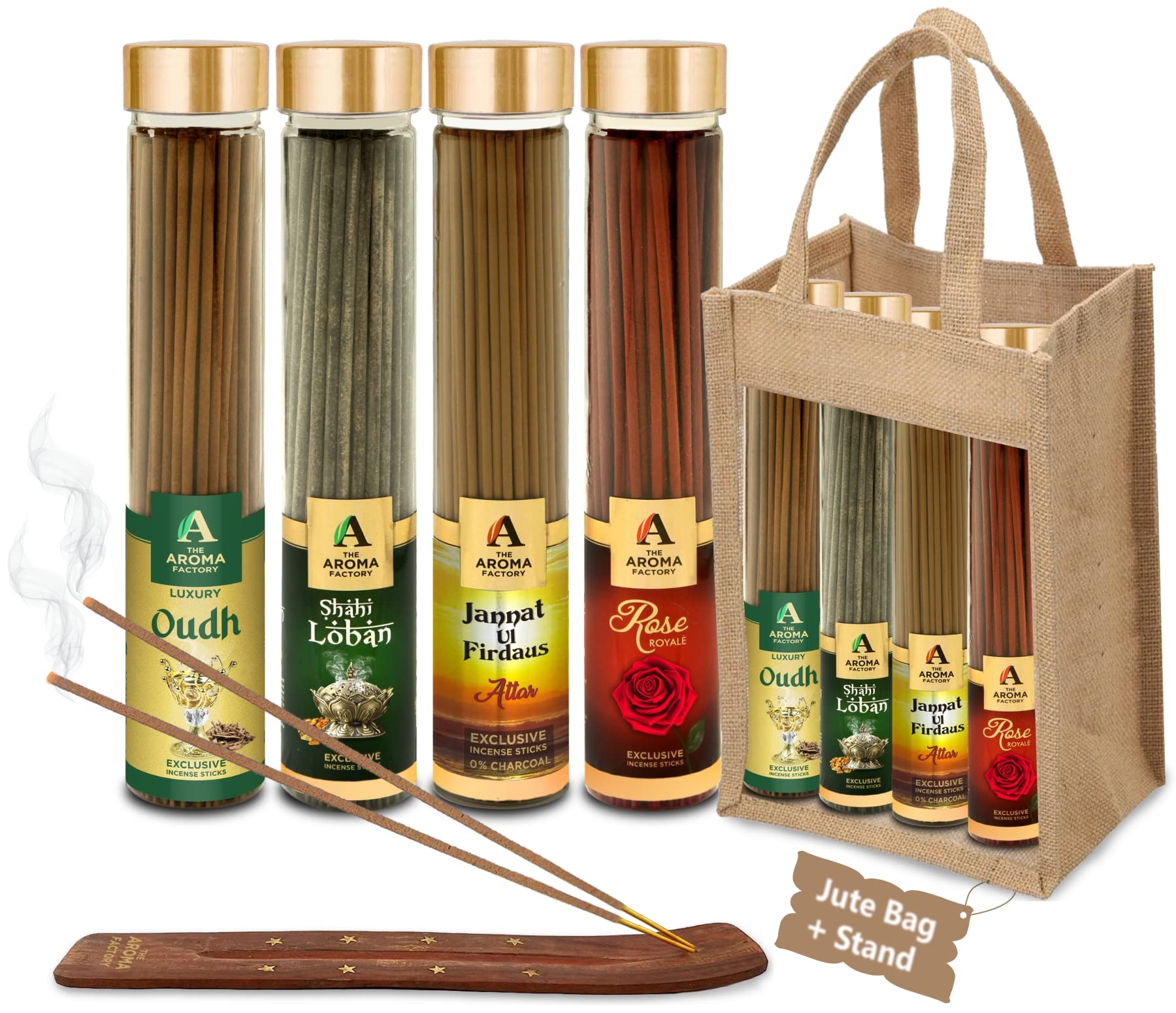 The Aroma Factory Organic Incense Sticks Natural Aromatic Fragrances | Charcoal Free| Non Toxic | Hand Made Herbal Pooja Agarbatti, Combo of 4 x 100g Jute Gift Set (Arabic Magic)