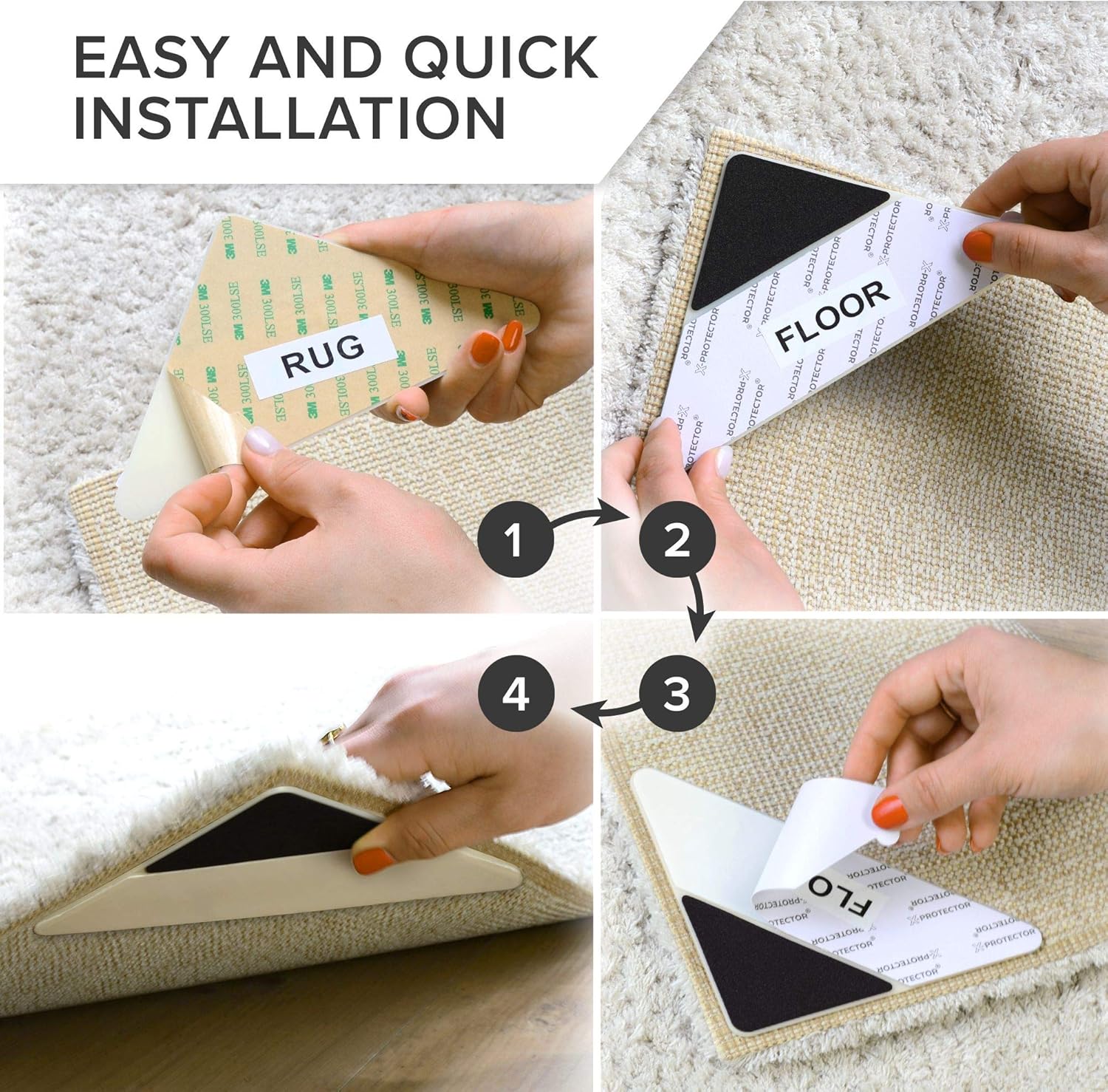 X-Protector Rug Grippers Best 4 pcs Anti Curling Rug Gripper - Keeps Your Rug in Place & Makes Corners Flat -Triangle Carpet Gripper with Renewable Carpet Tape – Ideal Non Slip Rug Pad for Your Rug!: Furniture & Decor