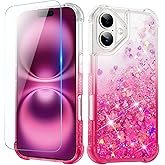 Ruky for iPhone 16 Case with Screen Protector, Glitter Sparkle Flowing Quicksand Waterfall Flexible Soft TPU Protective Women Girls Phone Cover, Gradient Pink