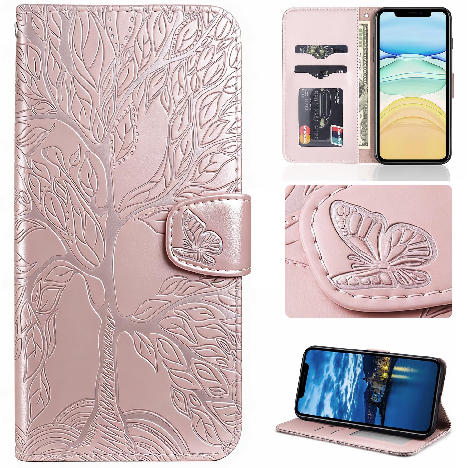 Aisenth for iPhone 12 Pro Max Flip Case, The Tree of Life Embossed PU Leather Wallet Phone Folio Case Magnetic Protective Cover with Stand function, Card Slots with Wrist Strap (Rose Gold) — image 1