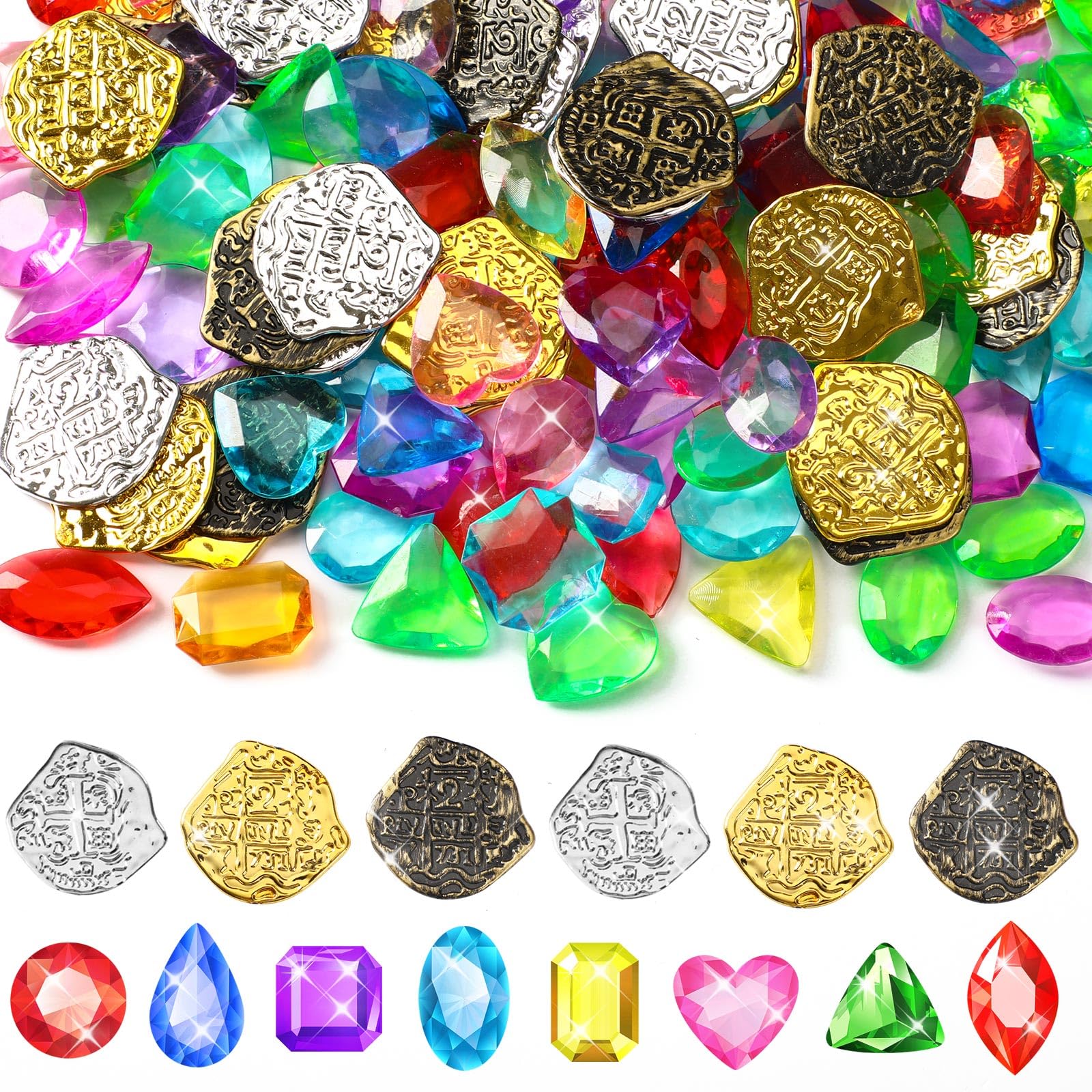Photo 1 of MARFOREVER 180 PCS Pirate Treasure Pool Gems Toys - Dive Toys Set 120 Pool Gems Diamonds and 60 Plastic Gold Coins Summer Throw Diving Toys for Boys Girls Water Beach Sand Pirate Party Supplies Favors