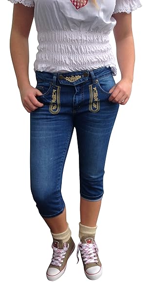 By Johanna Damen Trachtenhose Jeans Trachtenjeans Caprijeans Blau Stonewashed Stickerei 5-Pocket Lederhosen Optik Baumwolle