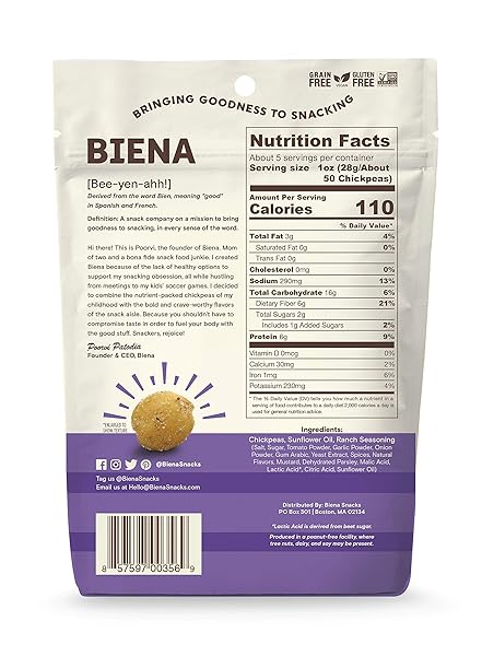 BIENA CHICKPEA SNACKS – CRUNCHY ROASTED CHICKPEAS – HIGH FIBER VEGAN PROTEIN SNACKS FOR ADULTS AND KIDS – 5 OUNCE INDIVIDUAL PACK – ROCKIN’ RANCH