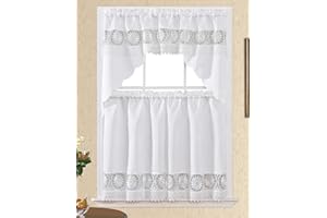 GOHD GOLDEN OCEAN HOME DECOR GOHD Daisy Dream. Kitchen Cafe Curtain Set for Small Windows. Satin Fabric with Matching Color Daisy Embroidery and Lace. (White, Swag and 36 inches Tiers Set)