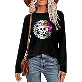 Dia De Los Muertos Shirt Women Day of The Dead Tshirts Skeleton Graphic Tees Mexican Long Sleeve Halloween Tops