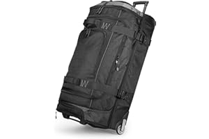 Amazon Basics 35-inch Large Rolling Duffle Bag with Wheels and Handle, Travel Duffle Bag with Durable Ripstop Polyester Material, 2 Layers of Space, Multiple Interior and Exterior Pockets, Black