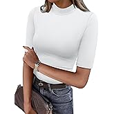 ANRABESS Women Tops Mock Neck 1/2 Short Sleeve Slim Fit Basic Tee Shirts Dressy Work Business 2026 Summer Fall Casual Outfits
