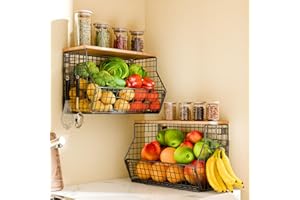Goovilla 2-Set Wire Fruit Basket Metal, Kitchen Hanging Fruit Bowl with 3 Banana Hanger, Kitchen Countertop Rack with Wood Li