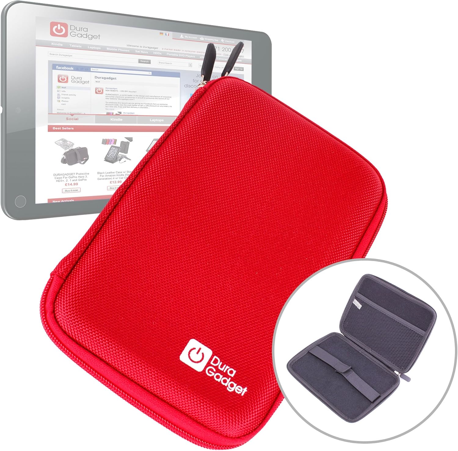 DURAGADGET Red Shock Resistant Protective Clam Style Zip Cover with Soft Lining & Elasticated Strap for Lenovo ThinkPad 8 & Lenovo IdeaTab A8-50 (A5500)