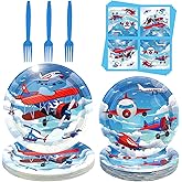 Airplane Party Supplies - Camping Party Tableware - Dinner Plates, Dessert Plates, Napkins, Forks for Plane Theme Party, Baby Shower Supplies, Serves 25