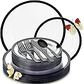 By Madee HEAVYWEIGHT 150 Pcs Clear and Black Plastic Plates and Utensils Set | Fancy Plastic Dinnerware Sets with Gift of 3D Butterflies for Table Decor (25 Guests)