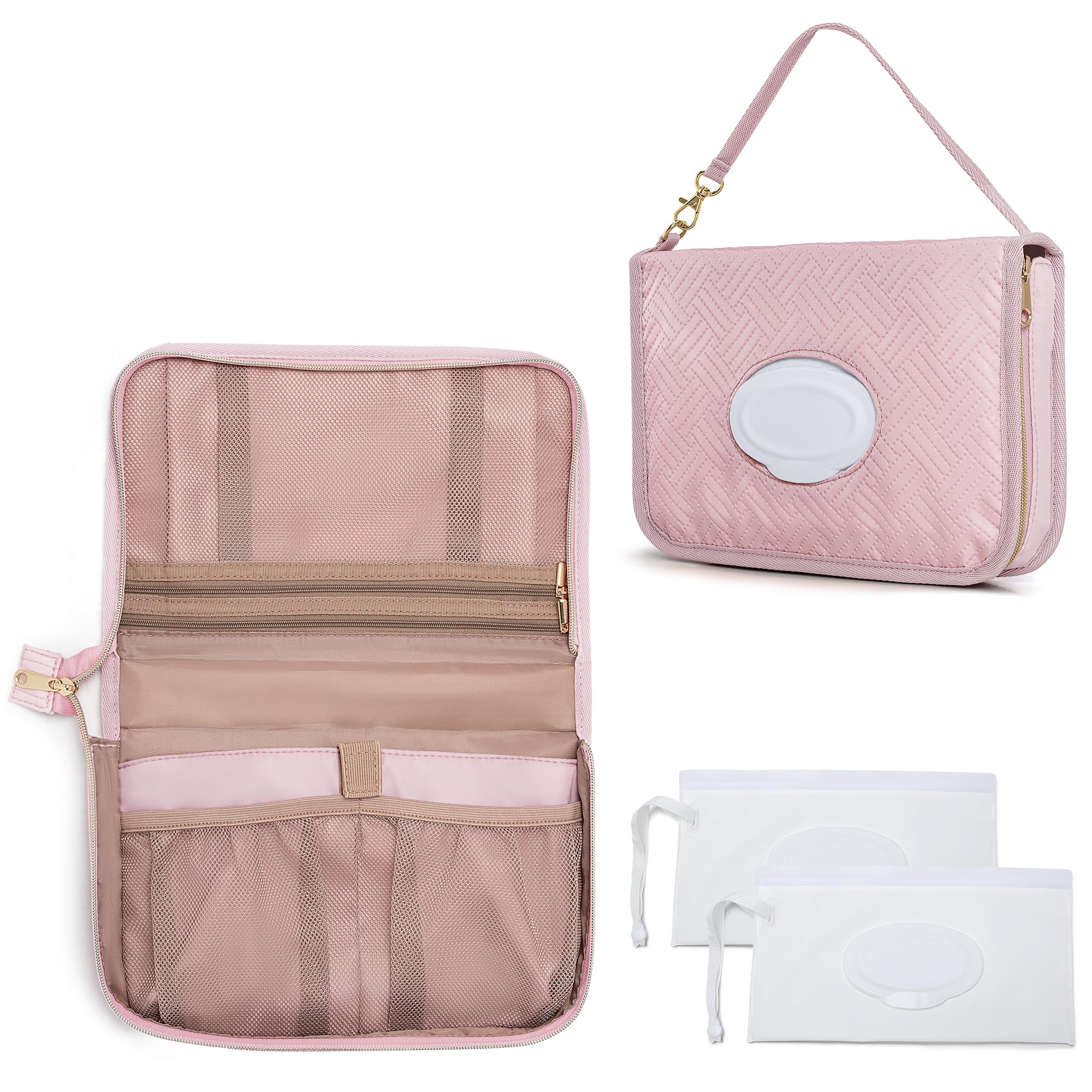 Rexmica Diaper Clutch Bag with 2 Pcs Wet Wipes Dispenser, Small Changing Bag with Multiple Pockets for Mother, Pink