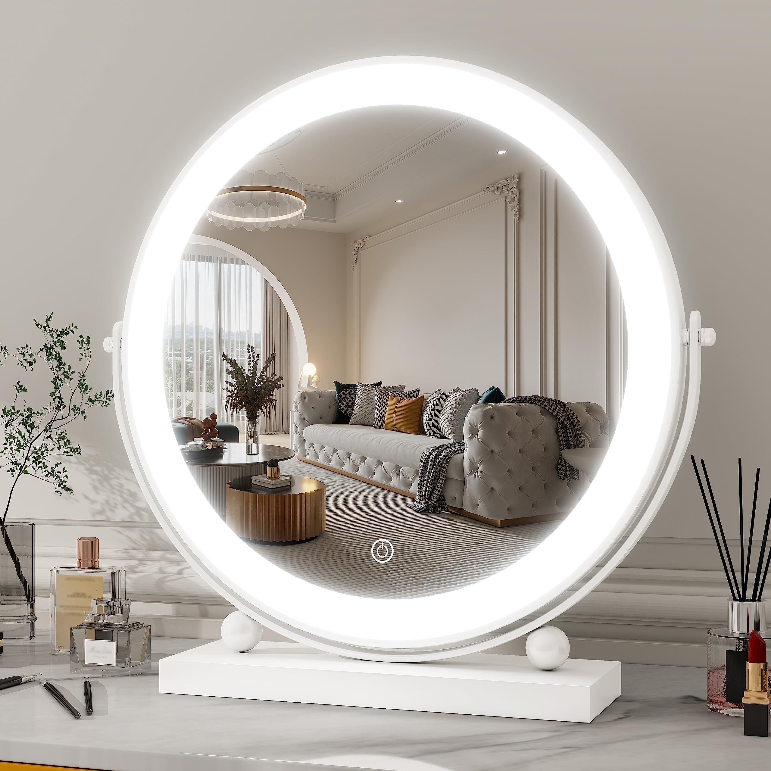 Photo 1 of ROLOVE 13 Inch Vanity Mirror with Lights, Round Make Up Mirror with Lighting, LED Mirror Makeup Mirror with Lights for Bedroom Tabletop, Smart Touch Control, 360° Rotation (White)