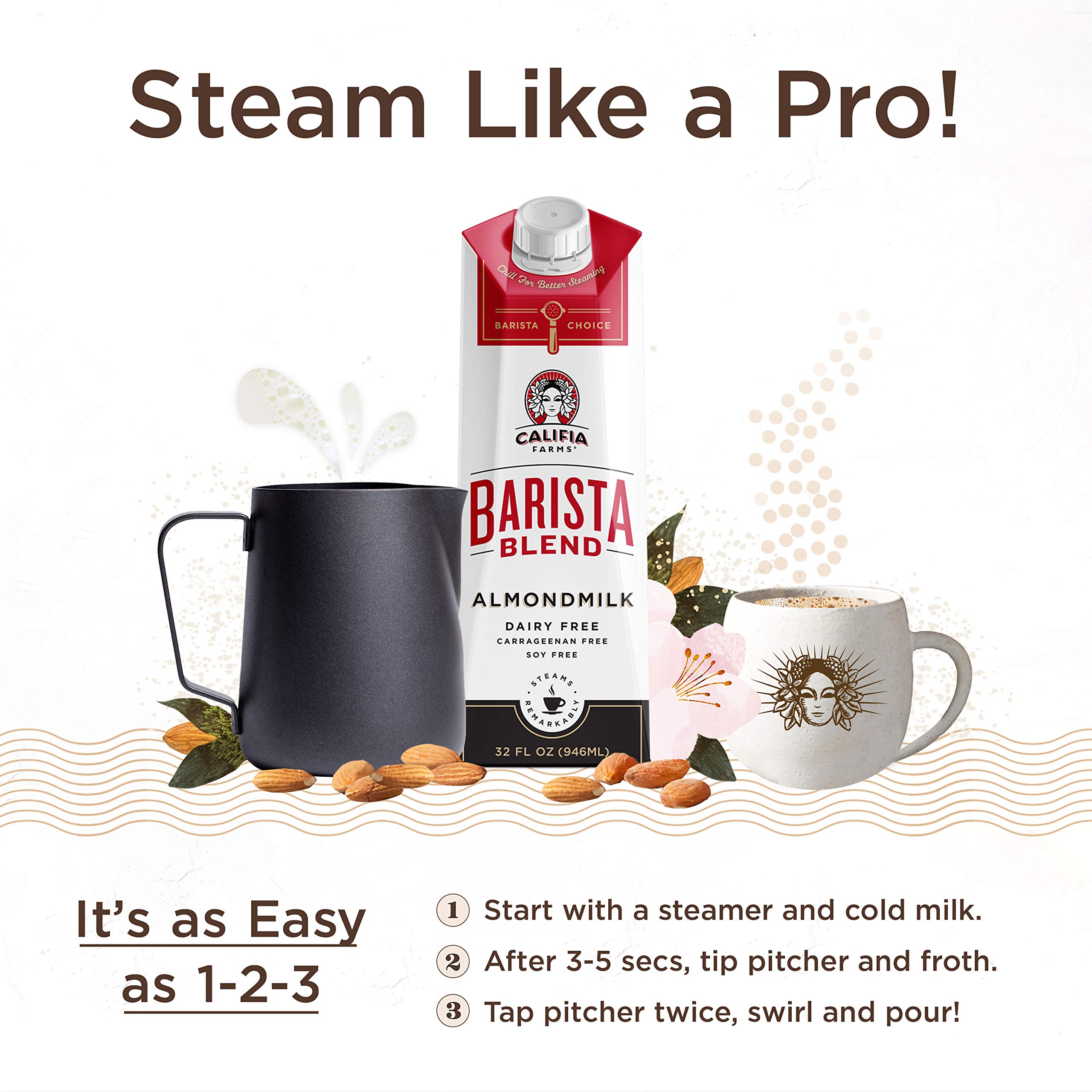 Califia Farms Almond Milk, Original Barista Blend, 32 Oz (Pack of 6