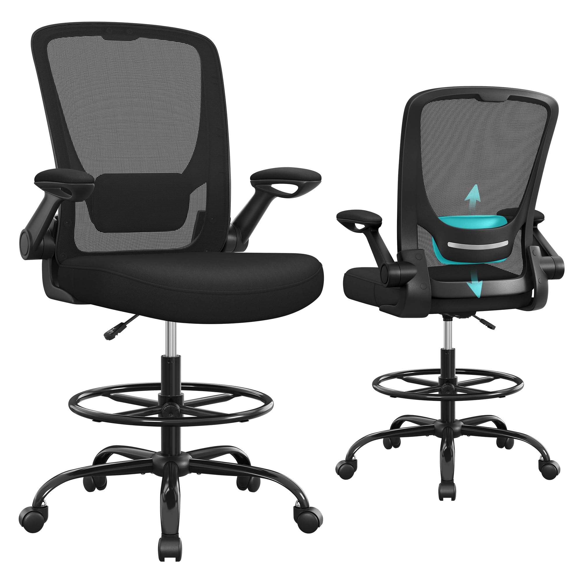 SONGMICS Drafting Chair with Flip-up Armrests, Mesh Office Chair, Ergonomic Painting Chair with Height Adjustable Lumbar Support and Footrest, for Standing Desk, Bar Counter, Black OBN026B02