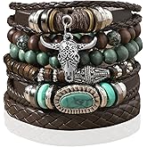 Western Boho Leather Wrap Bracelets for Women Bohemian Vintage Stackable Turquoise Bracelet Rustic Beaded,Multi-Layer Bracelets with Feather Pattern Strong Clasp, Country Concert Jewelry for Women