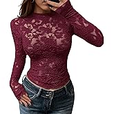 BTFBM Mesh Long Sleeve Tops for Women Lace Sexy Sheer Tight See Through Crew Neck Spring Fall 2026 Party Club Outfits