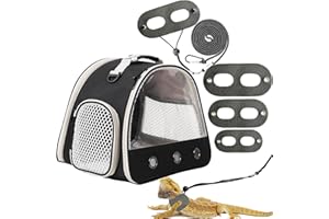 WEVONIGU Leopard Gecko Portable Carrier with Leather Harness and Leash Set,Small Animal Travel Cage with Transparent Window,Lizard Carrier for Hamster Rabbit Gerbil Hedgehog Sugar Glider