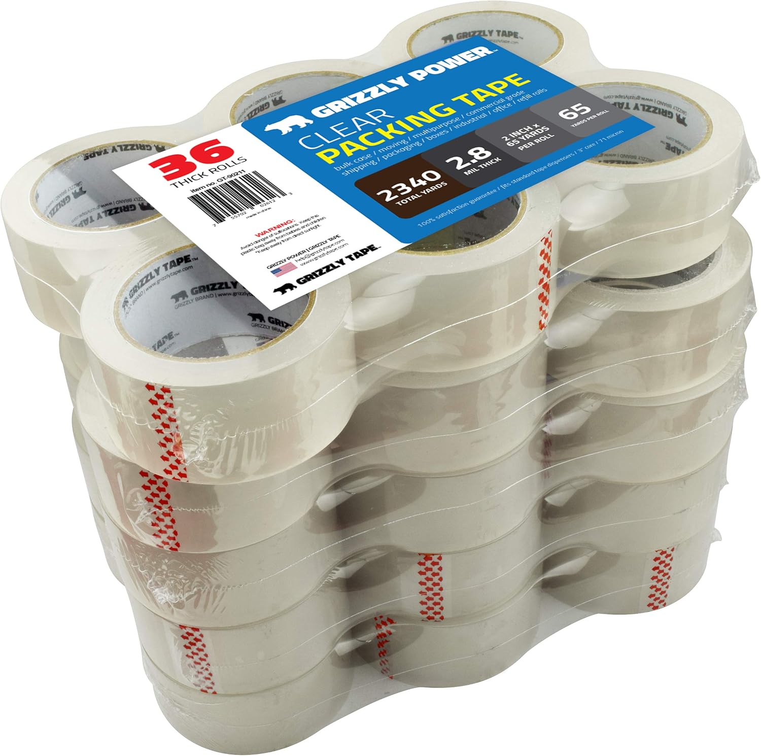 Grizzly Power Clear Packing Tape Refill Rolls for Shipping, Moving